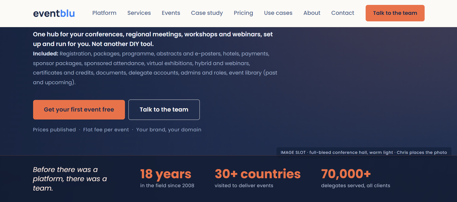 Eventblu organisation website, home page